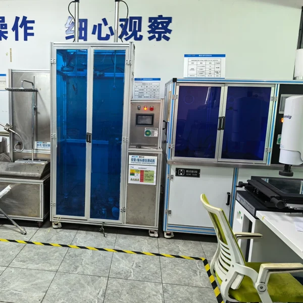 Burst and destructive testing machine used to verify shower hose pressure ratings per ASME A112.18.1