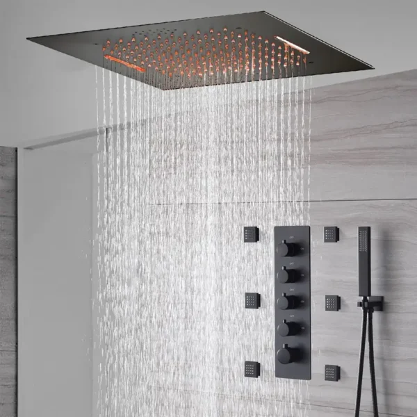 Rainfall shower head mounted at overhead height in a modern bathroom