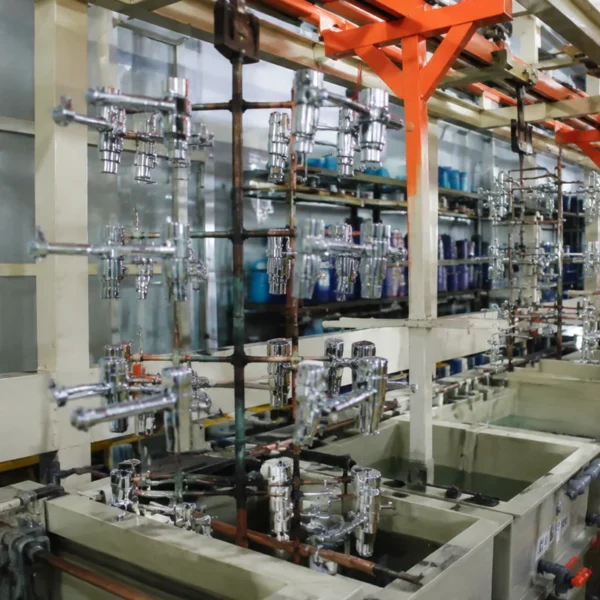 Electroplating or PVD finishing line, faucet components on racks