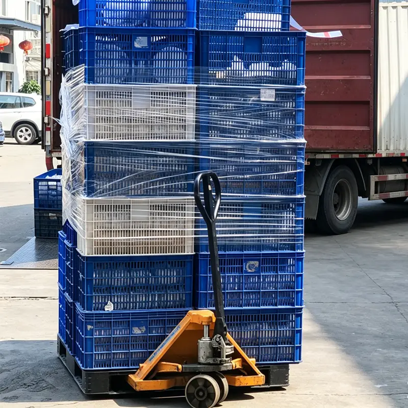 Pallets of packaged bathroom fixtures wrapped and staged for container loading