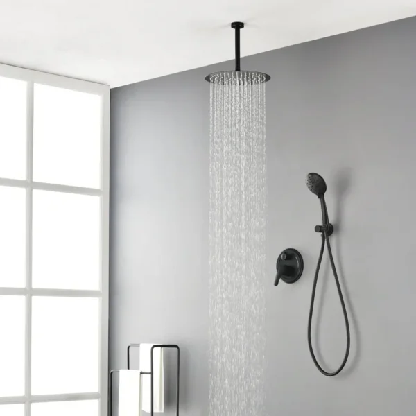 Ceiling-mounted rain shower head installed and running, styled bathroom scene