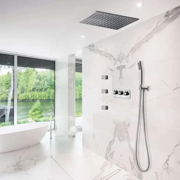 Concealed shower valve installed in a wall/ceiling cavity before finishing (rough-in stage)