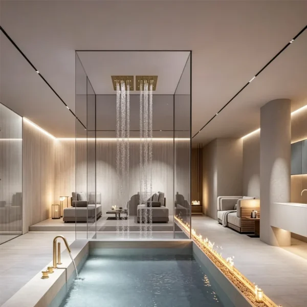 Hospitality-style bathroom scene with ceiling-mount shower, glass enclosure