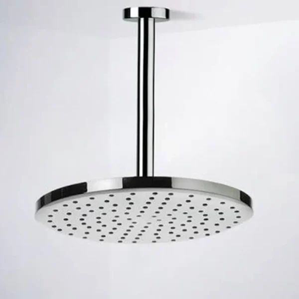 Finished ceiling-mount rain shower head, product shot, chrome or matte black finish