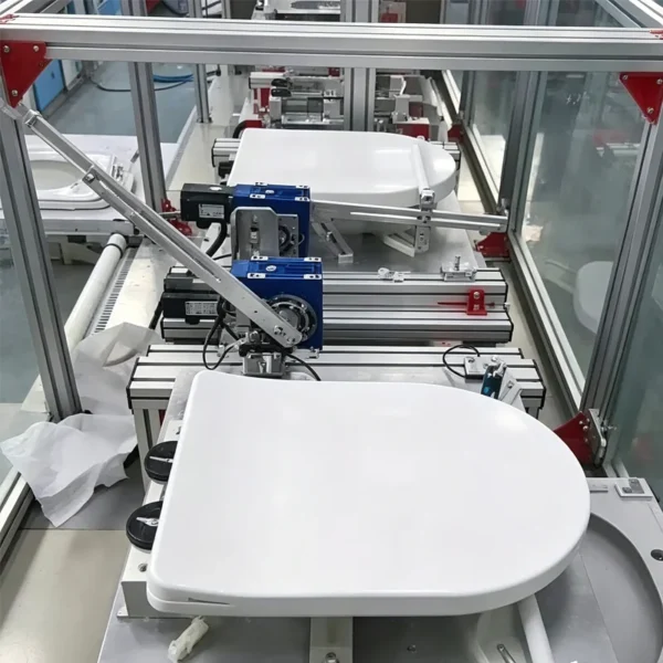 Jekare worker assembling hinge hardware onto toilet seat