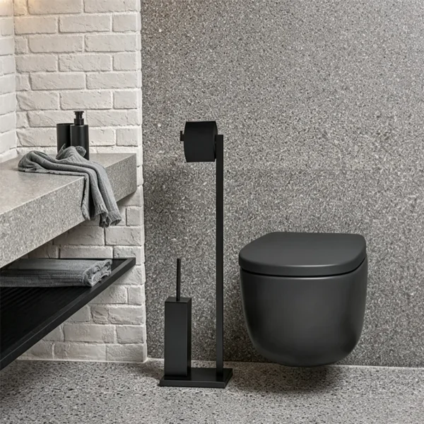 Matte black wall-hung toilet with matching bathroom accessory set
