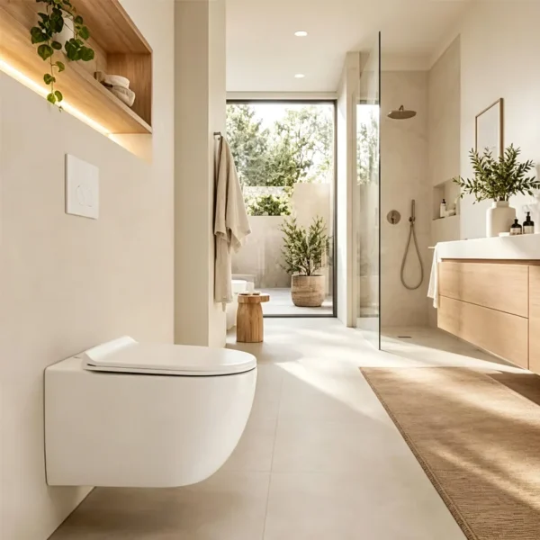Wall-mounted toilet seat in modern minimalist bathroom