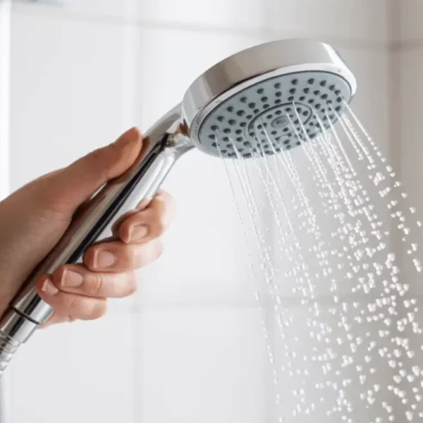Water-saving shower head spray pattern in a modern bathroom