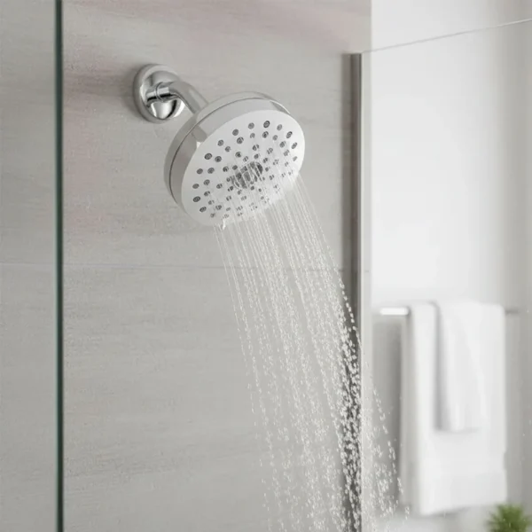 Chrome bathroom shower head with water spray in a modern shower