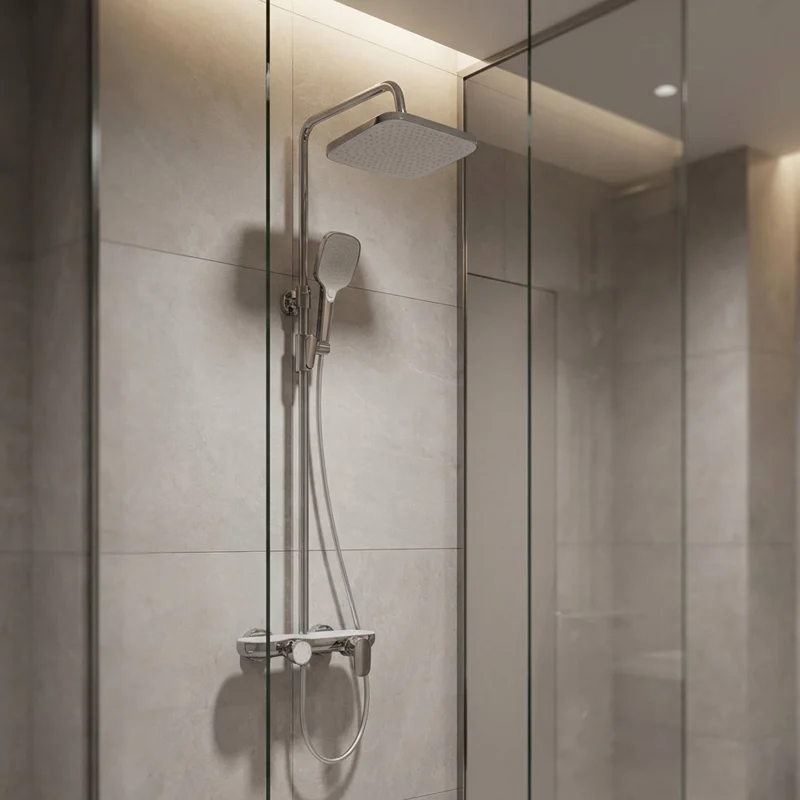 Chrome rain shower column installed in a glass-enclosed shower with tiled walls