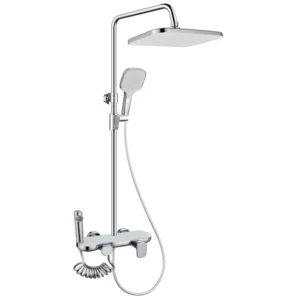 4‑function complete shower fixture set, square overhead rainfall shower, handheld spray, bidet sprayer, polished chrome finish