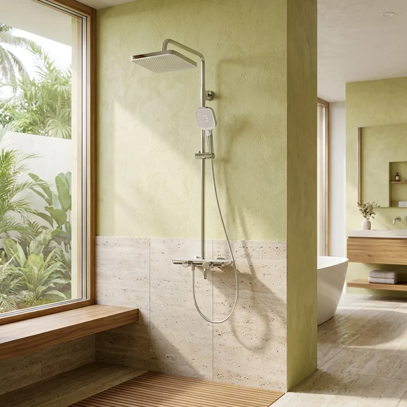 Brushed stainless shower column mounted on a wall in a spa-style bathroom with soaking tub