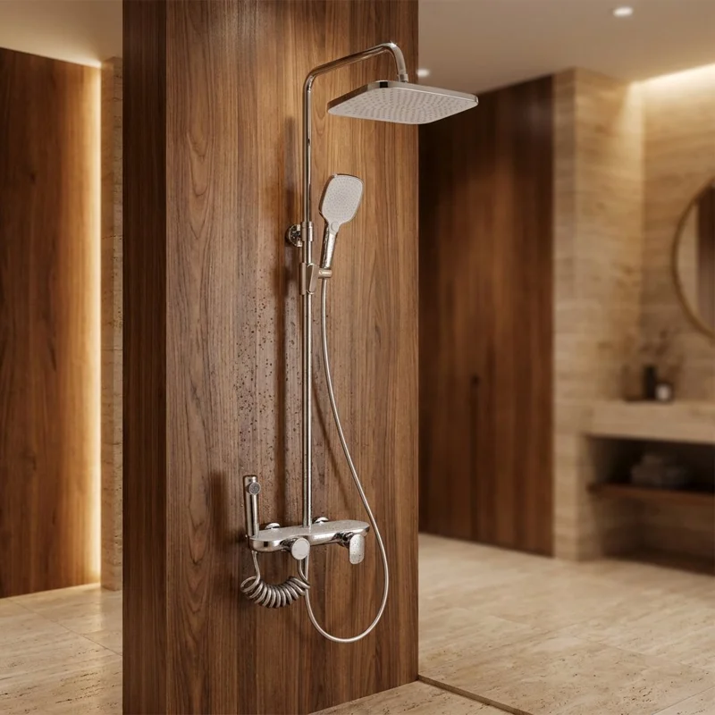 Chrome 4‑function shower system with rainfall overhead shower, handheld spray and bidet sprayer, installed on wood accent bathroom wall, modern luxury bathroom decor