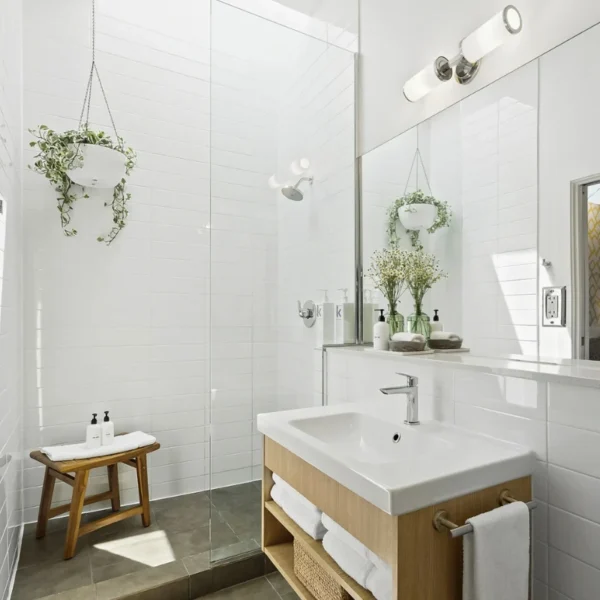 Bright modern bathroom interior with vanity, sink, shower enclosure and accessories