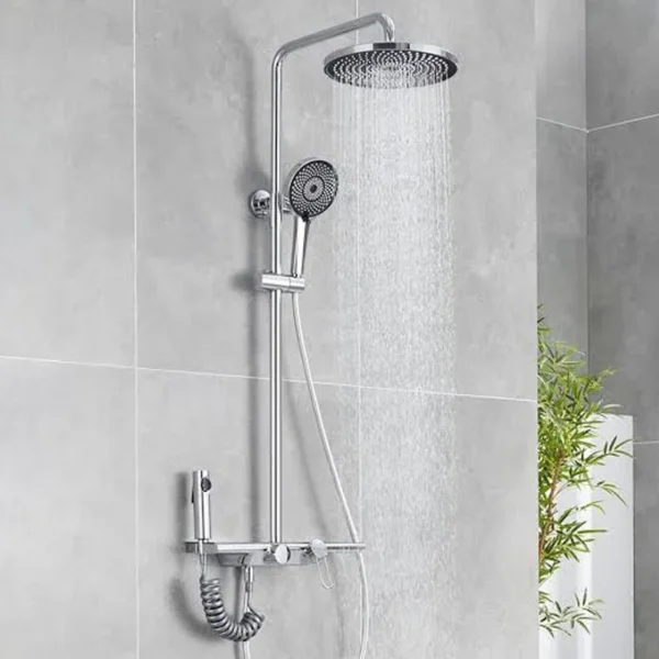 Wall‑mounted complete chrome shower system in real bathroom setting
