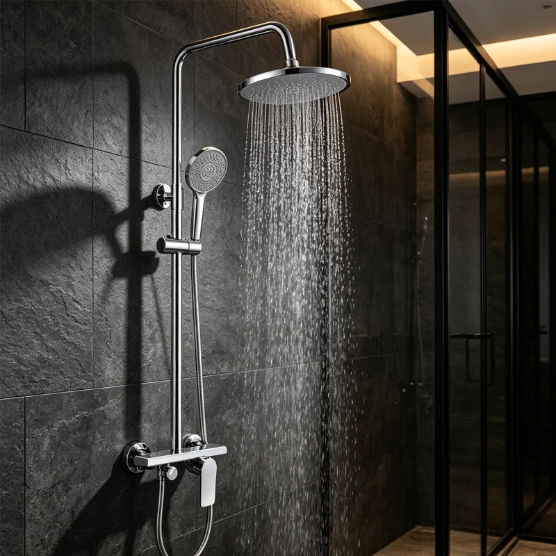 Market‑friendly classic exposed shower column, 3‑function hand shower, 9 inch overhead rain shower, water flowing in dark stone tile modern bathroom