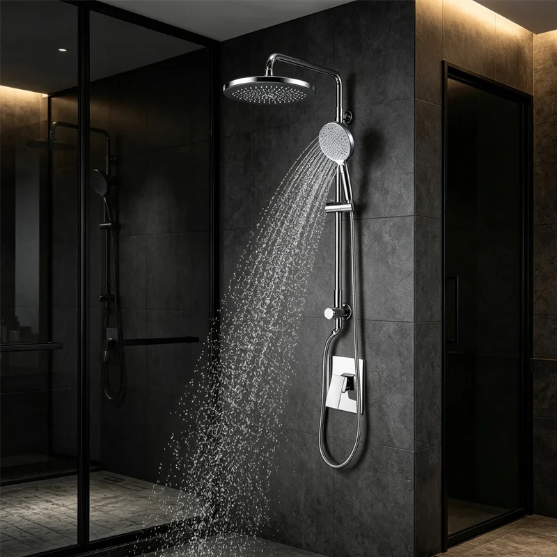 Brass shell custom shower column unit, 4‑setting hand shower, chrome finish, working water flow in dark stone tile luxury shower enclosure
