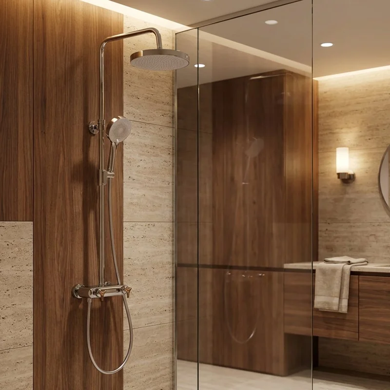 champagne-gold-shower-column-walnut-wood-bathroom