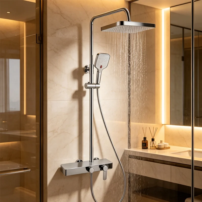 Sleek chrome shower column with running rainfall water, square overhead shower plus handheld sprayer, mounted on marble tile wall inside luxury warm‑toned residential bathroom