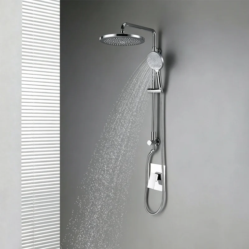 Brass shell custom shower column unit, 4‑setting hand shower, chrome finish, working water flow in dark stone tile luxury shower enclosure