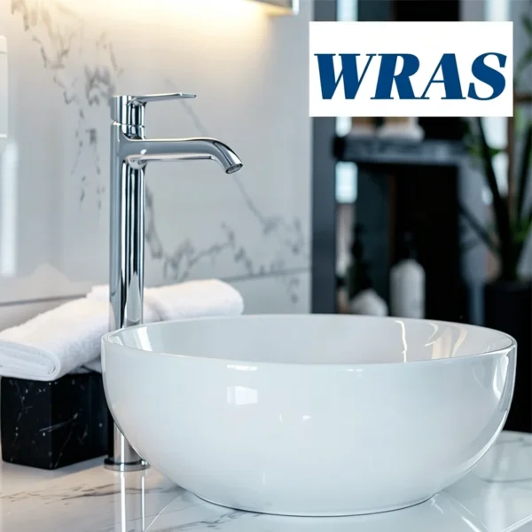 Polished chrome bathroom faucet paired with glossy white round above‑counter ceramic vessel sink