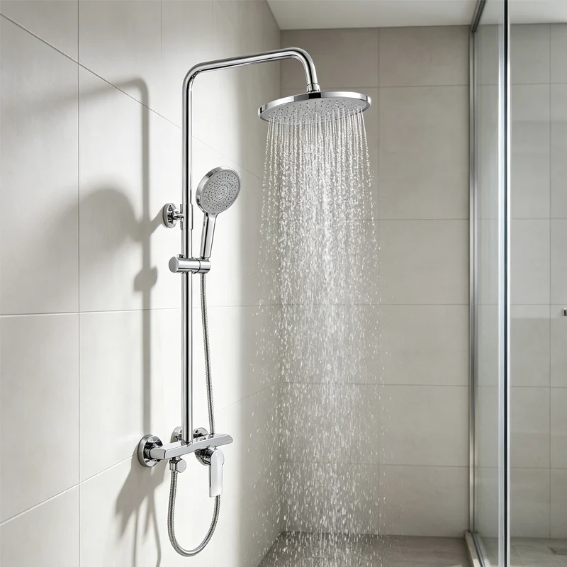 Traditional exposed chrome shower system, brass main body, running rainfall water spray, mounted on light beige tiled bathroom wall