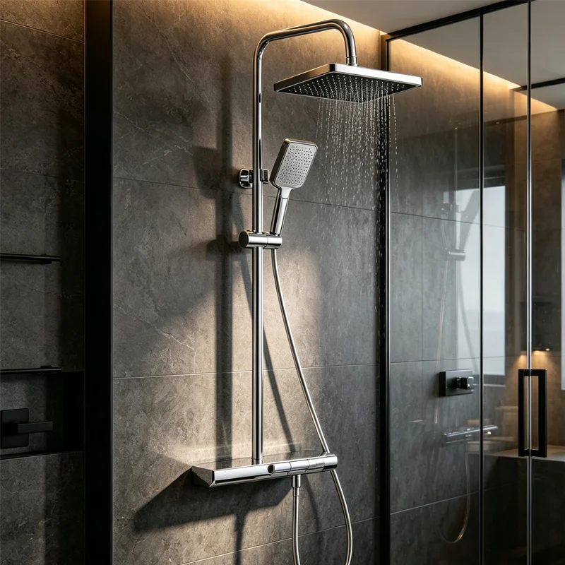 polished‑chrome‑thermostatic‑shower‑column‑with‑water‑spray