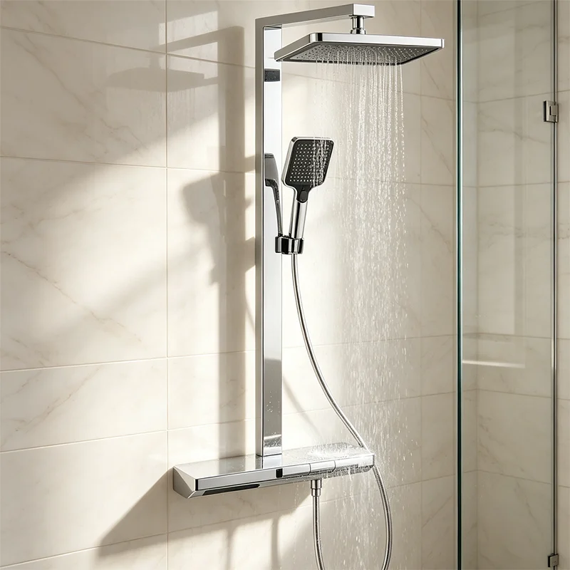 Chrome thermostatic shower column with square rain shower head flowing water, installed on light marble tile wall inside residential shower enclosure