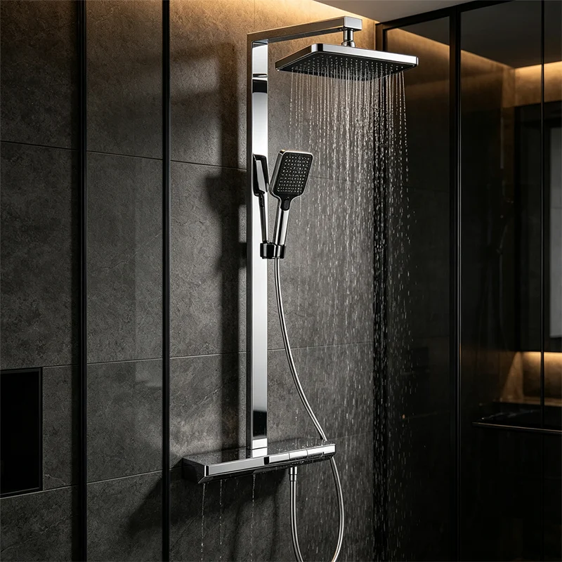 Sleek chrome shower column system with rainfall showerhead and handheld spray, running water against dark textured bathroom wall tiles in modern shower room