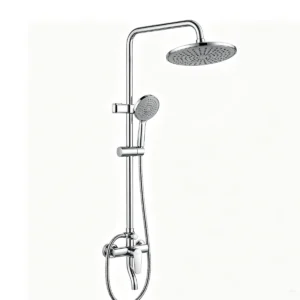 Brass shell custom shower column unit, 4‑setting hand shower, chrome finish, working water flow in dark stone tile luxury shower enclosure
