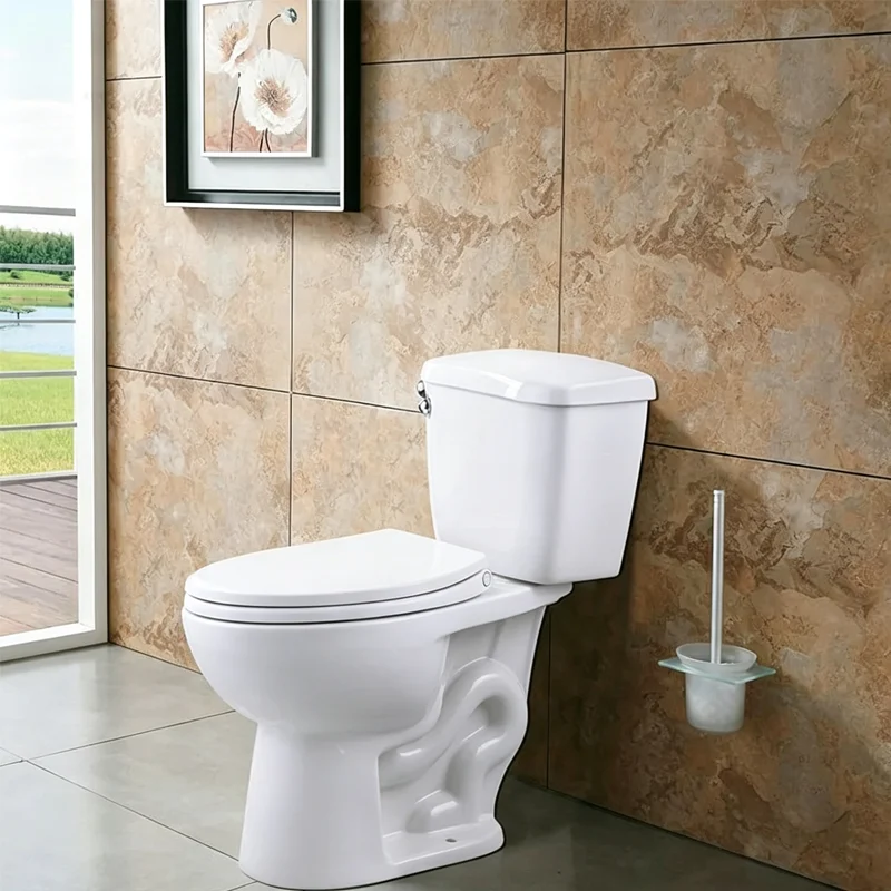 Retro tiled bathroom scene, complete toilet unit fitted with super slim sandwich round duroplast soft‑close toilet seat