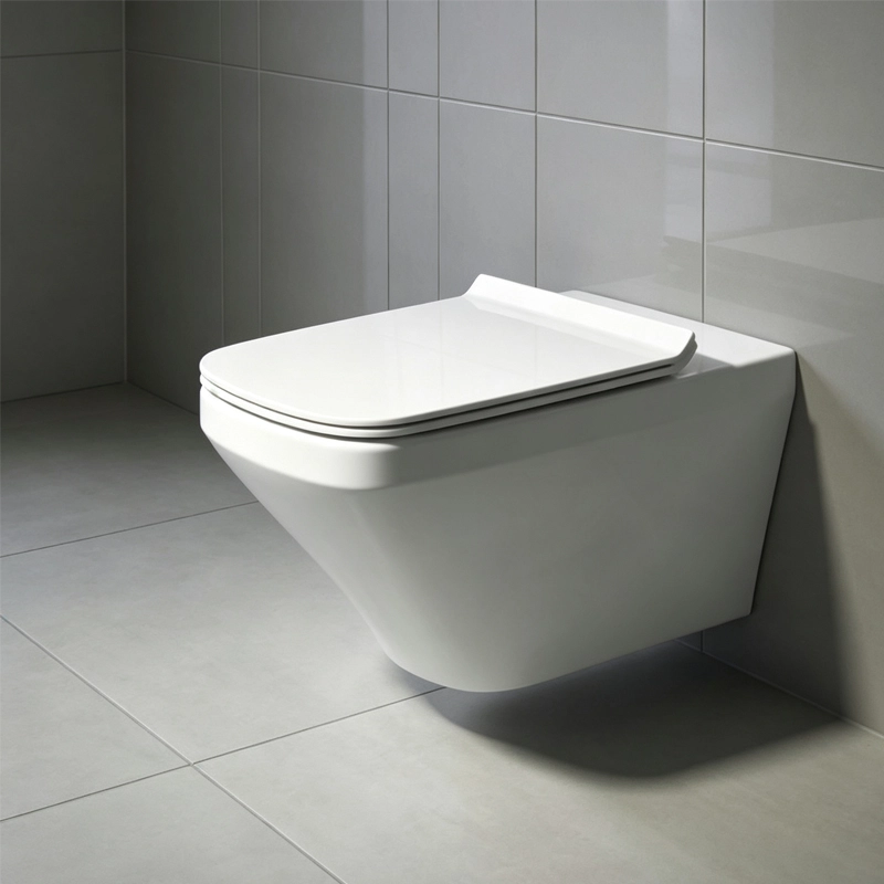 Wall‑hung toilet with duroplast soft‑close toilet seat in minimalist grey tile modern bathroom setting