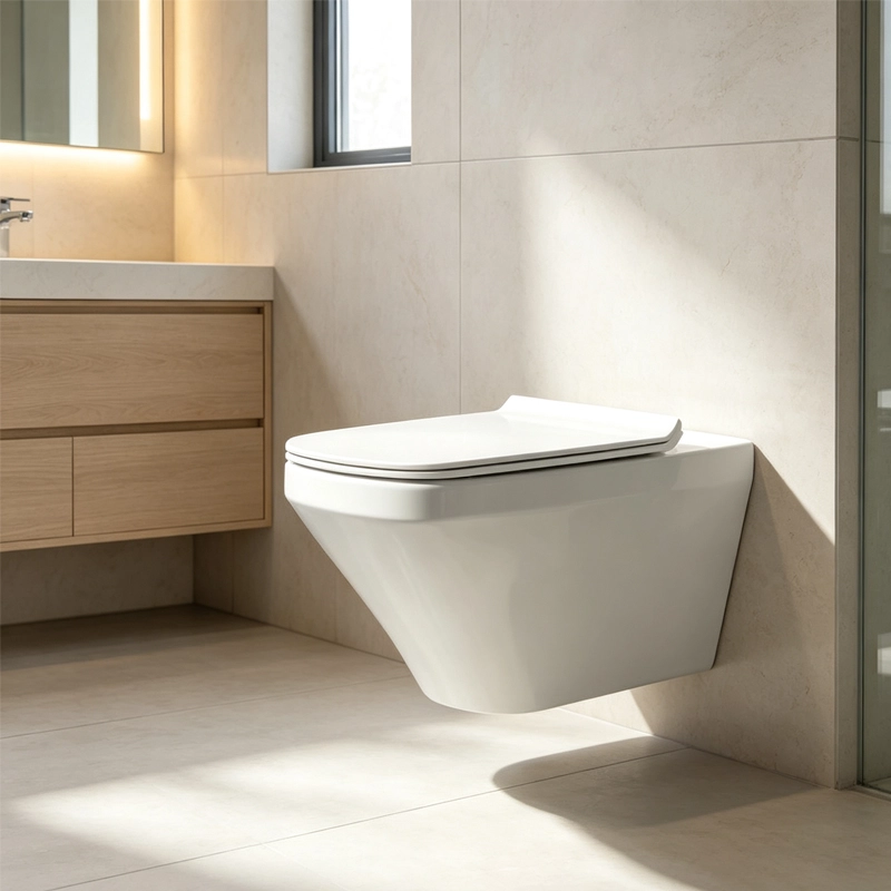 Wall‑hung toilet fitted with oval straight wrap‑over duroplast toilet seat in bright modern natural‑light bathroom, high glossy white finish