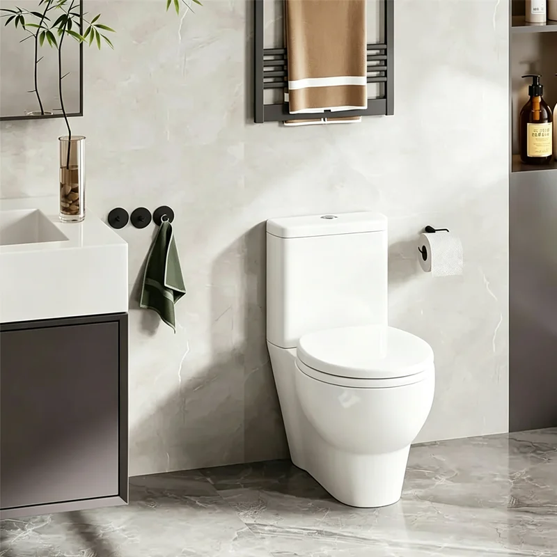 Contemporary luxury home bathroom display, toilet equipped with easy‑install sandwich round duroplast toilet seat, multi‑color optional finish
