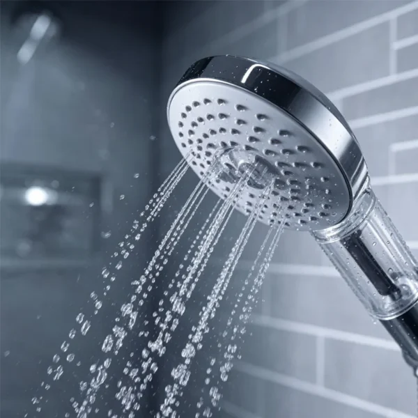 Multi‑function handheld shower head with strong water spray in bathroom scene