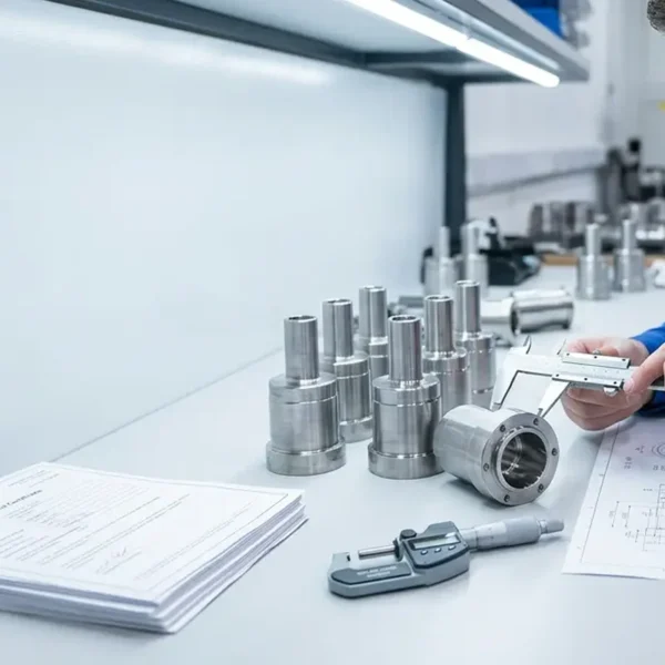 Technician measuring precision metal components for bathroom faucet production