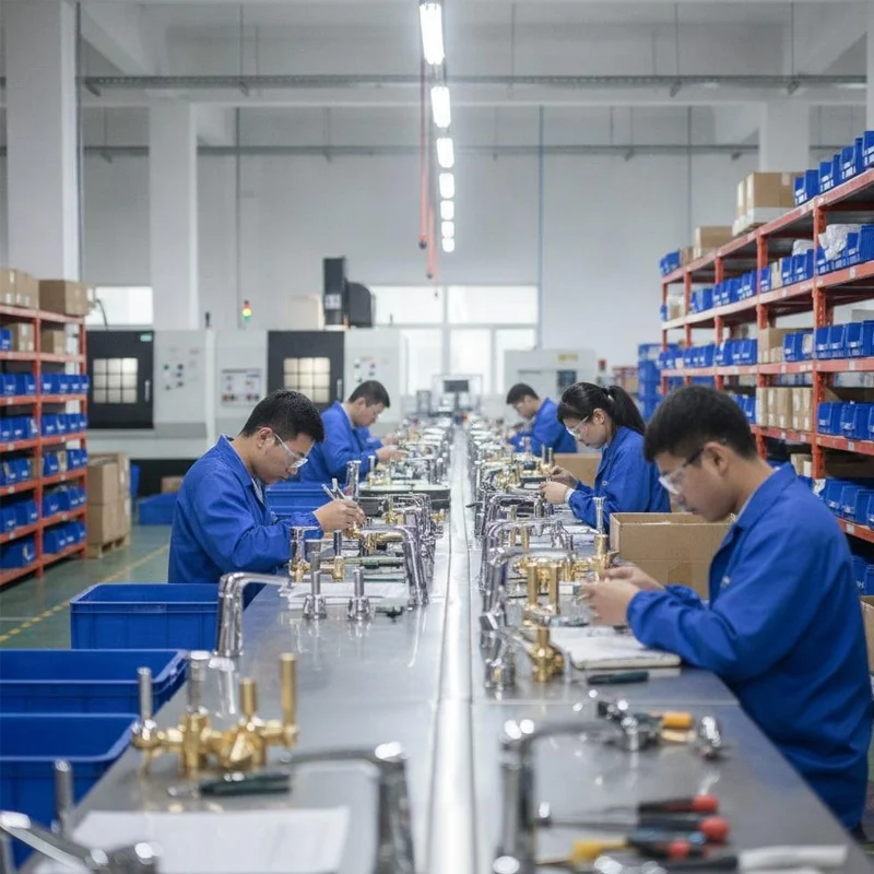 Jekare factory workshop, skilled workers assembling brass bathroom faucets on production assembly line