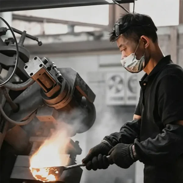 Worker operating brass faucet casting process, hot metal casting for sanitary tap components in factory floor