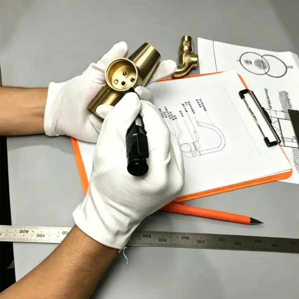 Quality control inspection for raw brass faucet body, technician checking parts against engineering blueprint with measuring ruler