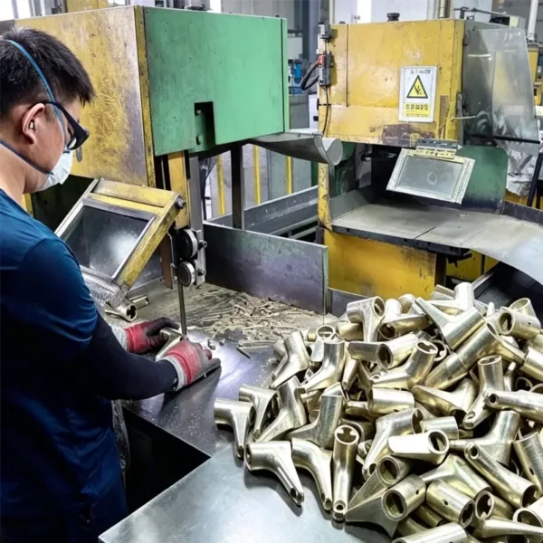 Factory worker processing raw brass faucet blanks, mass rough machined tap bodies on production line