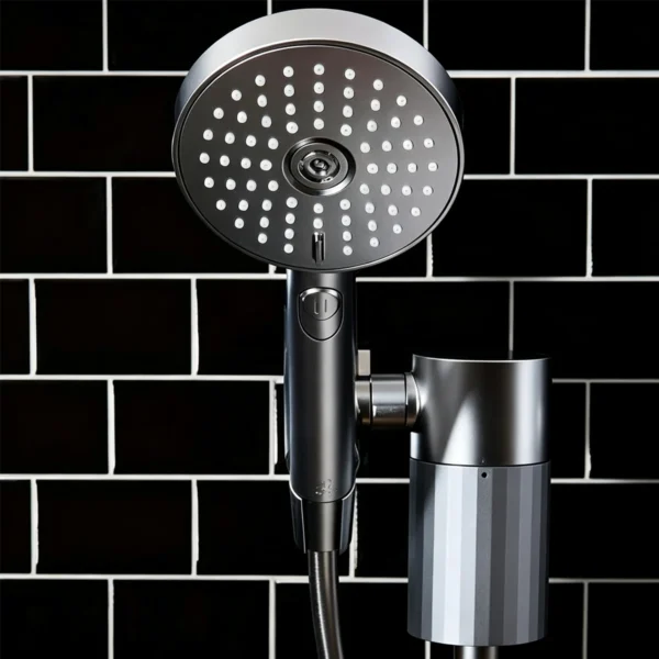 Gunmetal grey filtered handheld shower head mounted on wall against black subway tile background