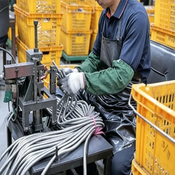 Factory worker processing flexible shower hoses on production workstation