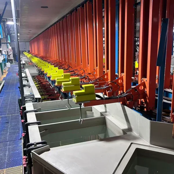 Jekare automated vertical lifting electroplating rack production line inside manufacturing factory