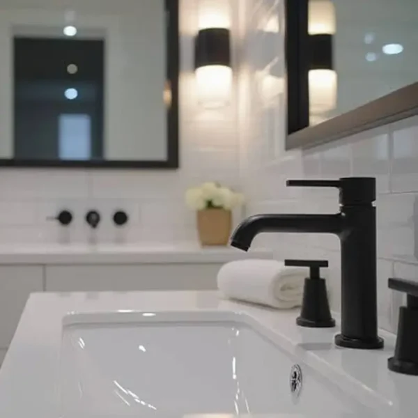 Matte black single‑handle bathroom faucet installed on white ceramic sink in modern bathroom