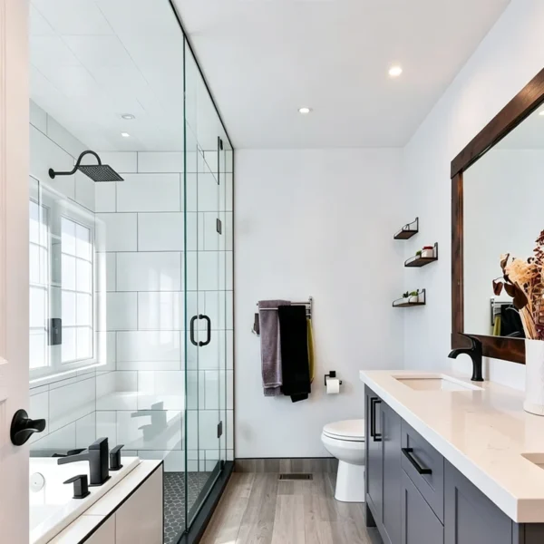 Modern bathroom with glass shower enclosure