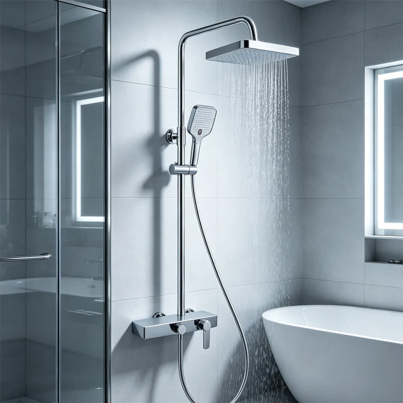 Sleek chrome shower column with running rainfall water, square overhead shower plus handheld sprayer, mounted on marble tile wall inside luxury warm‑toned residential bathroom
