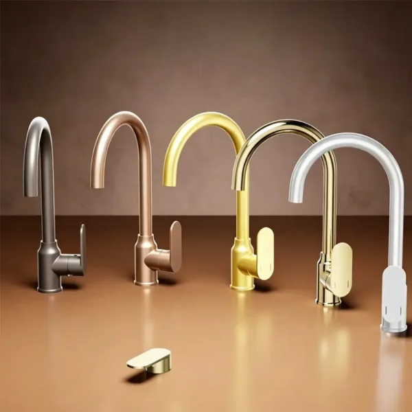 Modern high‑arc kitchen faucet collection, multiple finish options: gunmetal, rose gold, brass, polished gold and matte white tap set