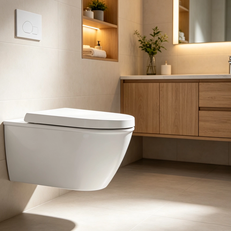 Modern home bathroom scene with wall‑hung toilet fitted with oval duroplast soft‑close toilet seat, warm wood cabinetry and neutral tile decor