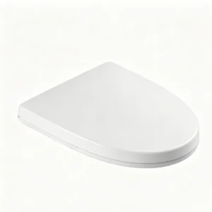 Angled side view of oval duroplast soft‑close toilet seat, one‑push quick‑release design, high‑gloss white