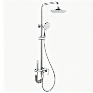 Glass‑shelf shower column fixture, brass shell plus tempered‑glass material, 4‑setting handheld shower, chrome finished 9 inch overhead rain head